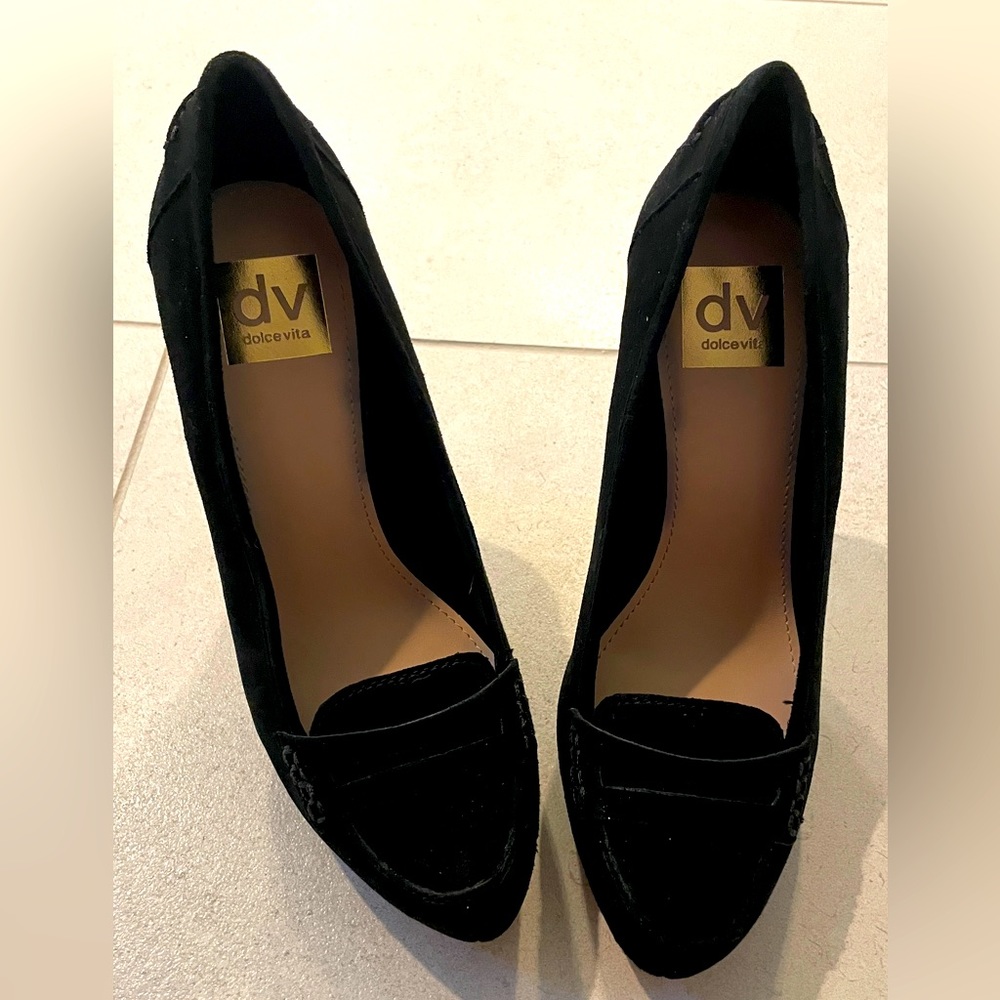 Dolce Vita Bridgette black suede loafer heels